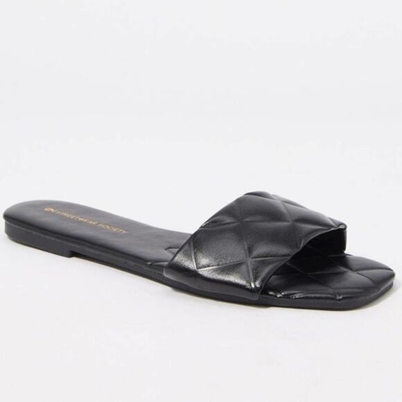 Quilted Band Embossed Sole Faux Leather Black Flat Slip-On Square Sandals - Picture 5 of 7